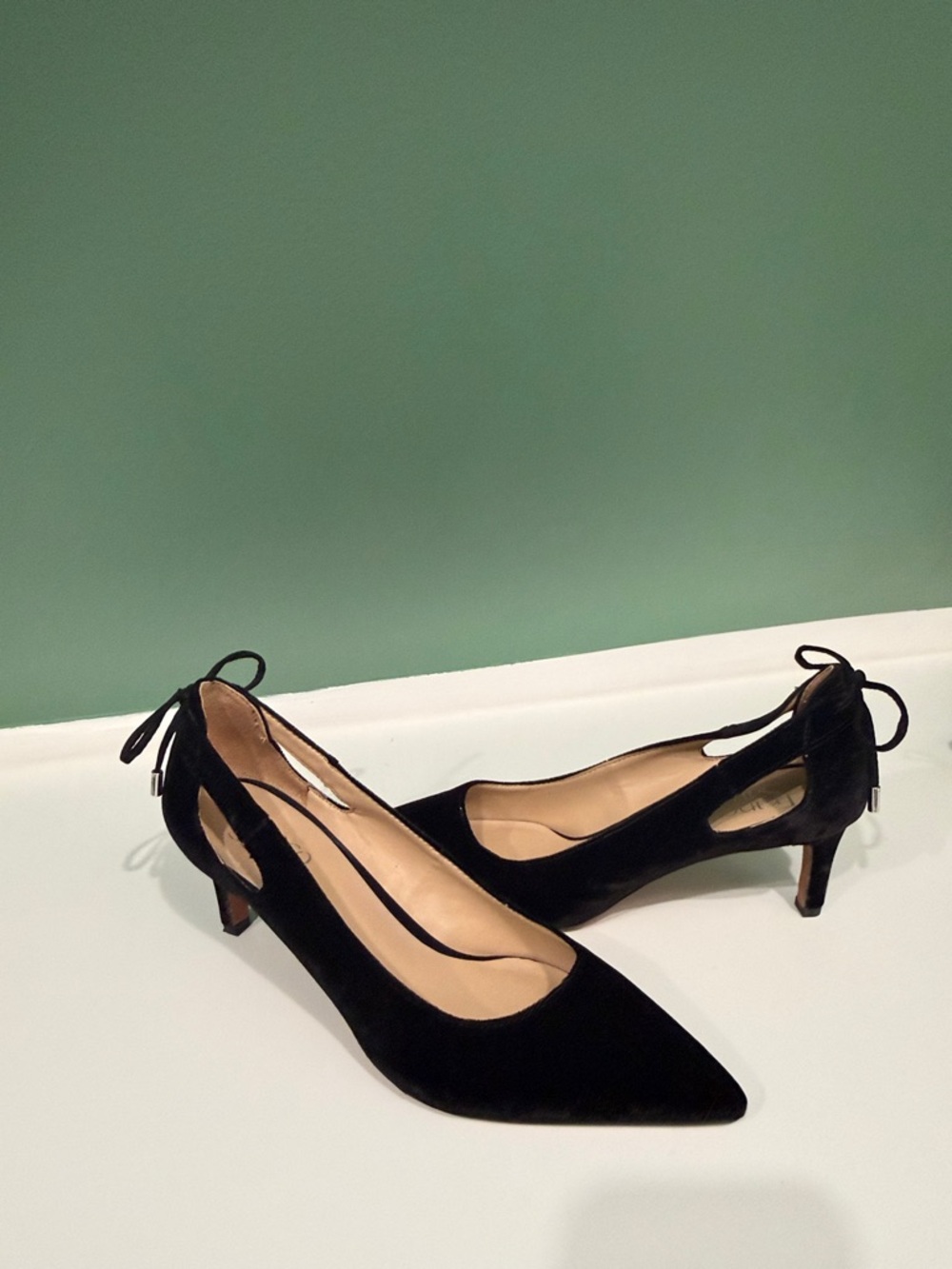 Franco Sarto Black Pointed-Toe Kitten Heels with Back Tie